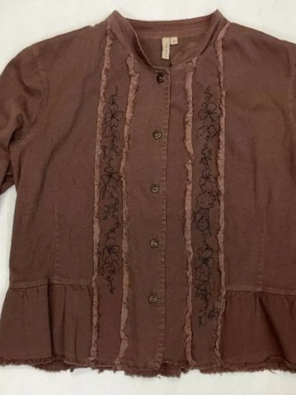 Vintage by JILL Brown Utility Canvas Button Front Jacket Floral Ruffle Trim